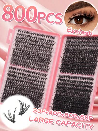 800pcs High Capacity False Eyelashes, D Curl, 30pcs+40pcs+50pcs+60pcs Mixed Set, Meets Various Needs, 8-16mm Mixed Length False Eyelash Book, 0.07mm D Curl, Handmade DIY Lash Extension, Suitable For Daily Makeup/Cosplay, Upgraded Gift Box Set, Includes Cluster Lashes/Individual Lashes/False Eyelashes