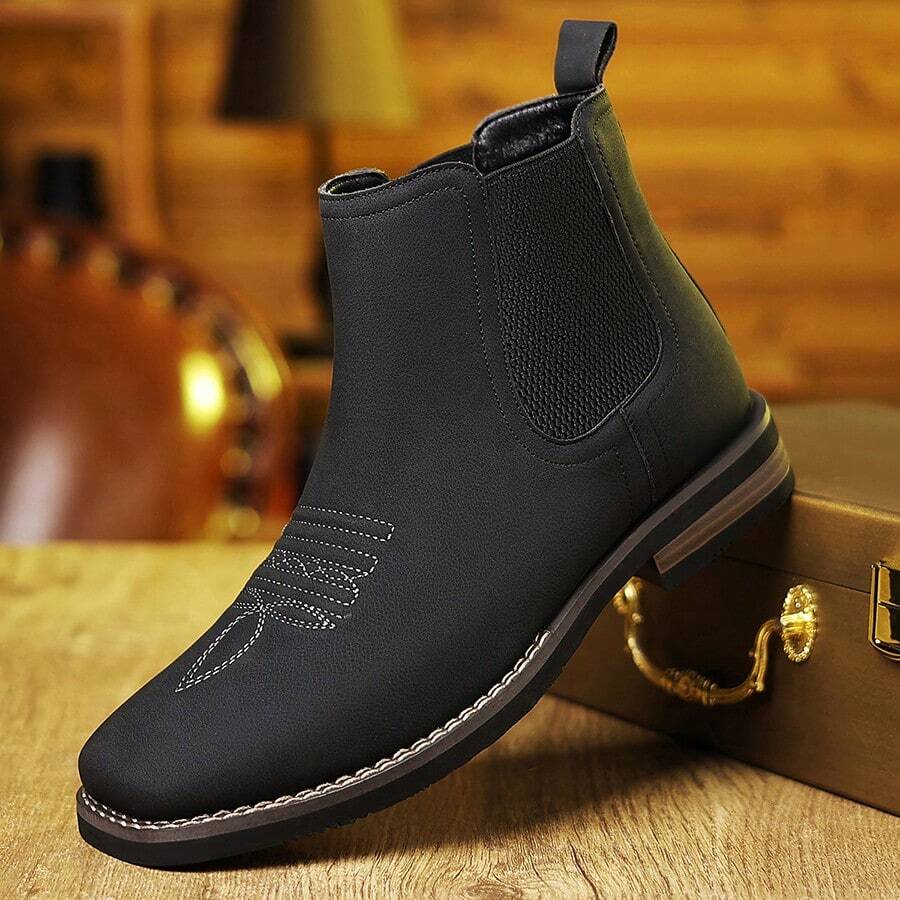 Men's Chelsea Short Boots; British Retro Fashion Printed Leisure Shoes - 深黑色 - 查看 1