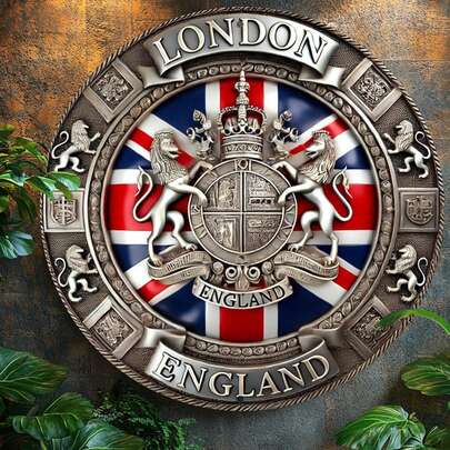 1pc, 8x8 Inch Vintage London England Metal Sign, 2D Round Aluminum Wall Art, Classic Style, No Power Needed, Wall Hanging Decor For Home, Kitchen, Living Room, Office, Party, Thanksgiving, Christmas Gift.