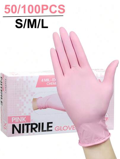 100pcs Disposable Pink Nitrile Gloves For Household Hygiene And Cleaning, Reusable, Powder-Free, Latex-Free, These Cleaning Products Are Flexible And Comfortable, Made Of High-Quality Nitrile Material, Suitable For Home And Professional Cleaners(Bagged)