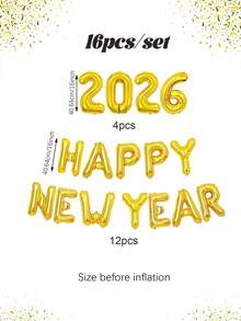 16 件/套 - 16 英寸 2026 新年快乐铝箔气球套装，16 英寸金色、玫瑰金色、银色、黑色 2026 新年快乐铝箔气球，适用于新年主题、圣诞主题派对装饰、新年前夜、室内和室外装饰、家居装饰、商场庆祝、节日派对用品，2026 新年快乐气球套装 - 彩色 - 查看 2