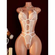 Y Hollow Out Deep V-Back Buckle Jumpsuit, Erotic Clothing, Jumpsuit Sleepwear With Open Crotch And Exposed Breasts, Women's Clothing In Three Colors, Optional Bow Decoration, Adjustable Shoulder Straps,  Clothing - 黑色 - 查看 5