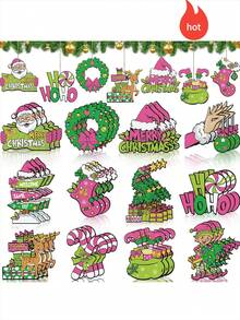 12/24/36 ozdób świątecznych, limonkowo-zielone i różowe ozdoby choinkowe, drewniane wiszące ozdoby, odpowiednie do dekoracji choinki, dekoracji na przyjęcia bożonarodzeniowe, wystroju domu, dekoracji świątecznych, dekoracji zimowych, dekoracji na imprezy tematyczne, do powieszenia na choince, suficie, w pobliżu okien, drzwi, kominków itp., aby stworzyć świąteczną atmosferę!