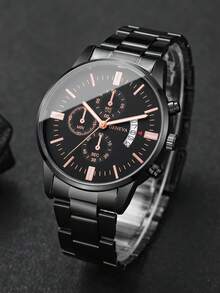 1pc Men's Fashion Three-Eye Calendar Dial Stainless Steel Band Quartz Casual Business Wrist Watch, No Watch Box Included