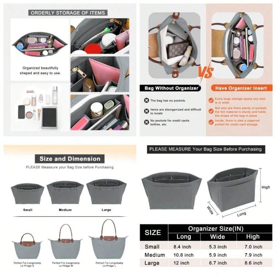 Purse Organizer Insert S Handbag Insert Felt Long Champ Tote Bag Organizer Insert With Cup Beige, Small - Trung bình + Xám nhạt - Xem 1