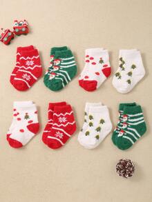 4 pares de calcetines navideños para bebé, con estampados de Papá Noel y árbol de Navidad, diseñados como calcetines hasta el tobillo para bebés. Son suaves, cómodos y casuales, adecuados como regalos navideños para niños, y son estilos de otoño e invierno. Regalos de Navidad/Acción de Gracias