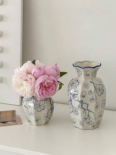 1 pieza Jarrón cerámico vintage azul y blanco pintado a mano - Forma redonda con motivos florales, decoración del hogar para flores secas/artificiales, centro de mesa o decoración de mesa para sala de estar, dormitorio, balcón, jarrones, decoración del hogar, decoración de habitación, jarrón de flores, jarrón de vidrio