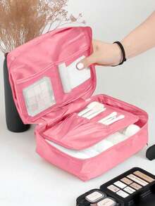 1 便携式双层化妆包 防水旅行洗漱包 可拆卸化妆刷收纳包 旅行配件 多隔层美妆收纳包 护肤包 沙滩包 可折叠旅行化妆包 加大加厚 防水防尘 - 藕粉色 - 查看 4