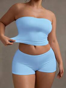 XLLAIS 性感无肩带基础款背心，时尚纯色弹力修身浅蓝色抹胸上衣，四季皆宜。 - 天藍色 - 查看 5