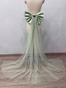 女士白色缎面大蝴蝶结网纱腰带，长135厘米。情人节配饰