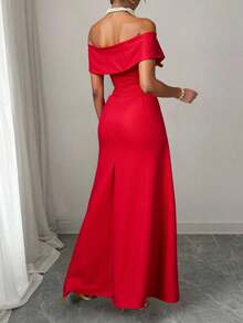 Vestido Largo Elegante con Abertura y Escote Bardot – Ideal para Bodas, Cócteles o Cenas Especiales – Disponible en Varios Colores - Rojo - Ver 6