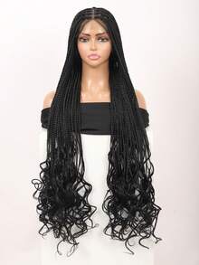 37 英寸全双蕾丝前部无结盒状编织假发，适合女士，带婴儿头发，超长辫子假发，带卷发尾，蕾丝前部编织合成假发