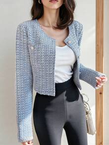 Chaqueta corta de cuello redondo a cuadros para mujer con botones de perlas en la parte delantera, casual y elegante, adecuada para primavera, otoño e invierno. - Azul - Ver 2
