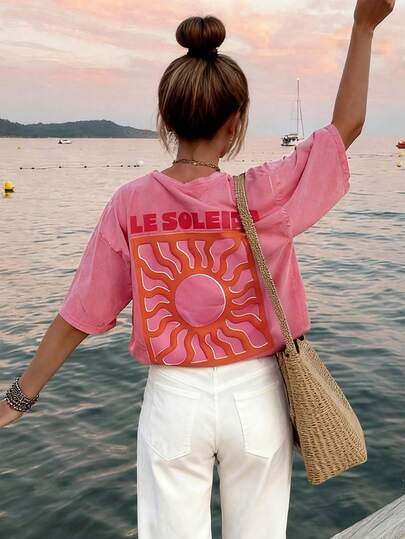 Damen Oversized Herbst Damenkleidung Mode Lässig Y2K Boho Urlaub Einfach Pendeln Rückkehr zur Schule Englische Buchstaben Sonnenaufdruck Rundhals Pullover T-Shirt Brunch für Frauen