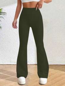 PETITE Solid High Rise Flared Straight Leg Pants - Olive Green - View 3
