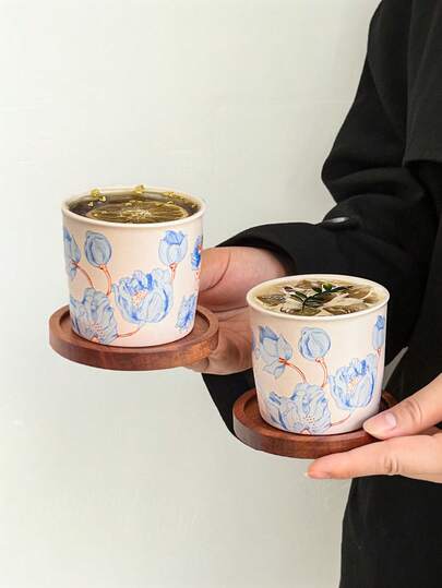 1pc Vintage Floral Ceramic Coffee Cup & Saucer, Vibrant Floral Pattern Kung Fu Tea Cup, Homey Latte Cup For Living Room, Ceramic Tea Cup With Wooden Saucer