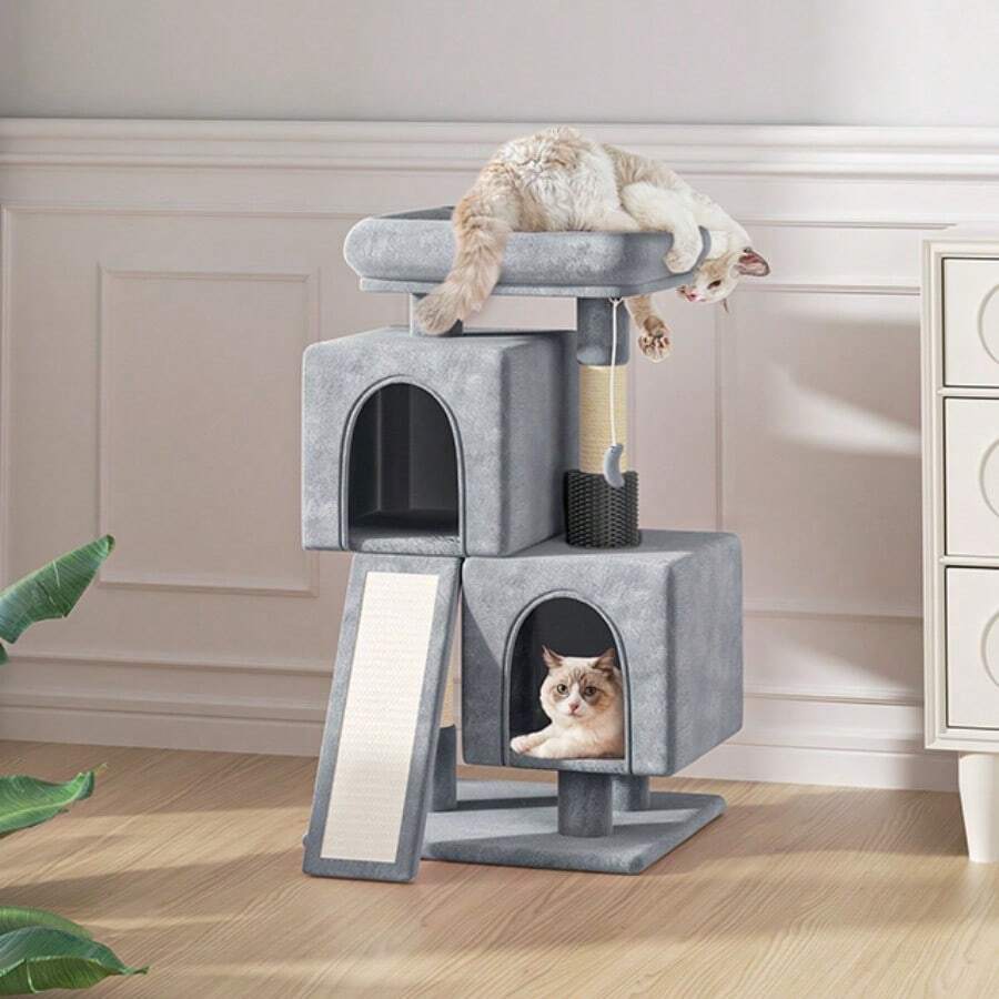 Cat Tree, 34 Inch Cat Tree Tower With 2 Cat Condo, Cat Tower With Scratching Post & Sisal-Covered Scratching Board, Cat Climbing Tower, Cat Tree For Indoor Cats - 淺灰色 - 查看 1