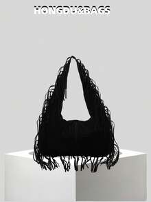 New Women's One Shoulder Underarm Crescent Moon Bag, Large Capacity Tote Bag, Fashion Street Style Tassel Decor, Chic Solid Color Suede Fabric, High-Quality Feel, Suitable For Travel, Shopping, Dating And Other Versatile Occasions