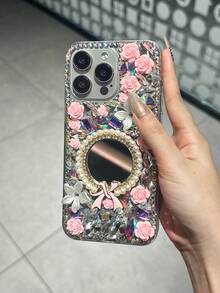 1 szt. Sheer Luxe Pearl Crown Mirror Sparkle Diamond Phone Case Round Bow Mirror Purple Pink Flower Party Phone Back Cover kompatybilny z Galaxy S23 S24 25 Ultra A15 A13 A56 A52 A53 A55 A26 A34 i kompatybilny z 15 12 13 14 16 Plus 17 Pro Max