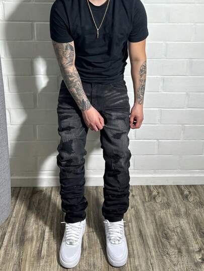 Men's Hip Hop Cargo Pants, Distressed Black, Slim Fit, Stretchy, Washed, Versatile Casual Pants