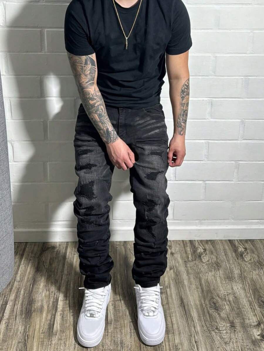 Men's Hip Hop Cargo Pants, Distressed Black, Slim Fit, Stretchy, Washed, Versatile Casual Pants - Black - View 1