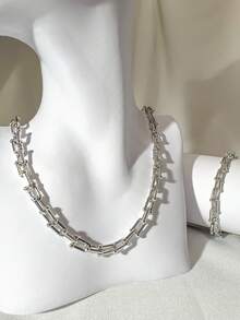 Necklace And Bracelet Set With Chain Links, 18k Gold Plated And 925 Silver - 銀色 - 查看 2