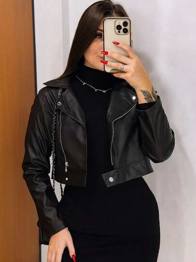 jaqueta feminina couro sintético  Festa  Casual    Botões na frente   moda tendencia