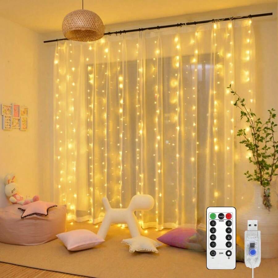 1pc 100/200/300 LED Curtain Lights, USB Hanging Fairy Lights String, Remote Control, 8 Lighting Modes, With Hooks, Suitable For Wedding, Kids Birthday, Christmas, Party, Bedroom Backdrop, Nursery, Indoor Home And Holiday Decor, Available In White, Warm White And Multi-Color - 彩色 - 查看 1
