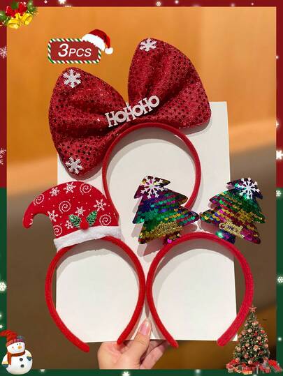 3件套女士时尚优雅可爱圣诞发饰，亮片圣诞树、大蝴蝶结和圣诞帽发箍，圣诞装饰，派对角色扮演，女士发饰，圣诞礼物，派对，发箍，女士发带