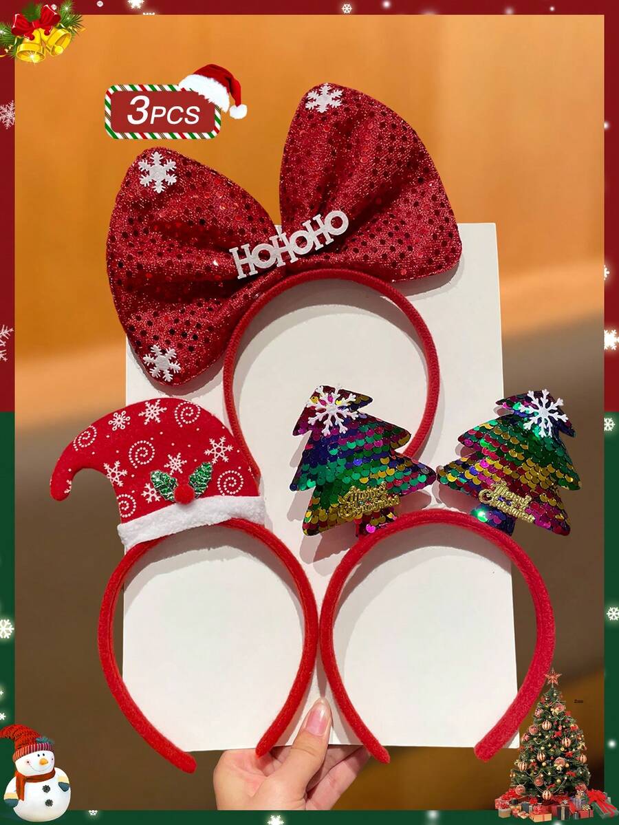 3 pezzi Accessori per capelli di stile femminile, alla moda ed eleganti, carini, decorazioni natalizie, diadema con albero di Natale con paillettes, fiocco grande e cappello di Natale, decorazioni natalizie, cosplay per feste, accessori per capelli da donna, regali di Natale, feste, cerchietti per capelli, fasce per capelli per donne