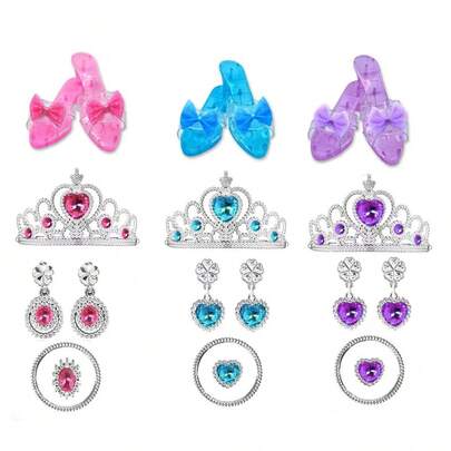 21pcs Princess Fashion Dress Up Set, Girls Jewelry Toy Gift Box Includes Pink/Purple/Blue Crystal Bow Slippers + Heart Rhinestone Crown + Matching Earrings & Rings, Realistic Shiny Accessories To Fulfill Princess Dreams, Suitable For 3+ Years Old, Birthday & Holiday Gift, Role Play & Parent-Child Interaction, Essential For Fashionable Little Diva