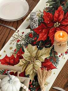 1pc Christmas Floral Table Flag - Red And Cream Poinsettia, Holly Leaves, Red Decorative Balls With Golden Accents, Showcasing Festive Splendor, Suitable For High-End Christmas Dinner, Holiday Decoration(13x35.4/47.2/63/72/78.7 Inches),