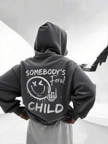 1pc Tween Boy Casual Printed Pullover Sweatshirt, Thermal Lined, Long Sleeve, Autumn/Winter - Dark Grey - View 1