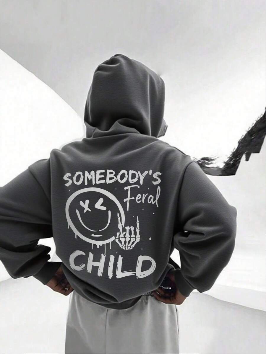 1pc Tween Boy Casual Printed Pullover Sweatshirt, Thermal Lined, Long Sleeve, Autumn/Winter - Dark Grey - View 1