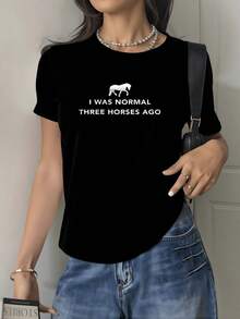Camiseta negra con frase divertida de caballos Camisa de T con estampado digital humor ecuestre 220 gramos diseño casual estilo urbano Camiseta de mujer con cuello redondo 1 unidad de 100% algodón - Negro - Ver 1