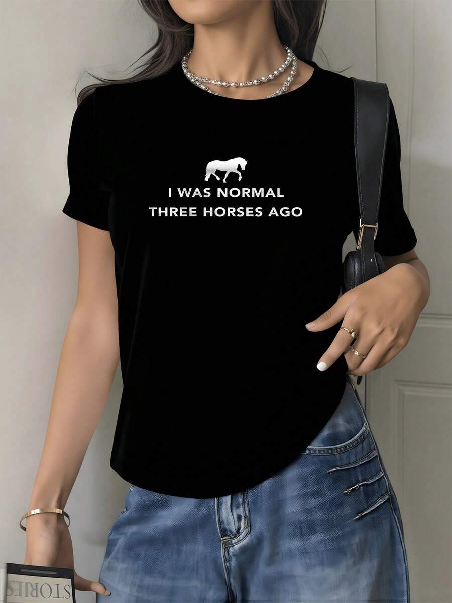 Camiseta negra con frase divertida de caballos Camisa de T con estampado digital humor ecuestre 220 gramos diseño casual estilo urbano Camiseta de mujer con cuello redondo 1 unidad de 100% algodón - Negro - Ver 1