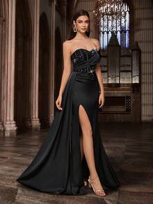 QOQ Fashion Elegant Sequins Splicing Women Party Evening Gown Chic Summer Formal Dress For Dinner Party, Birthday Party, Galas, Graduation Season Prom, Homecoming