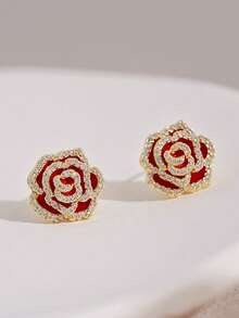 1对小众设计奢华水钻花朵耳钉（平面，非3D） - 金紅色 - 查看 1