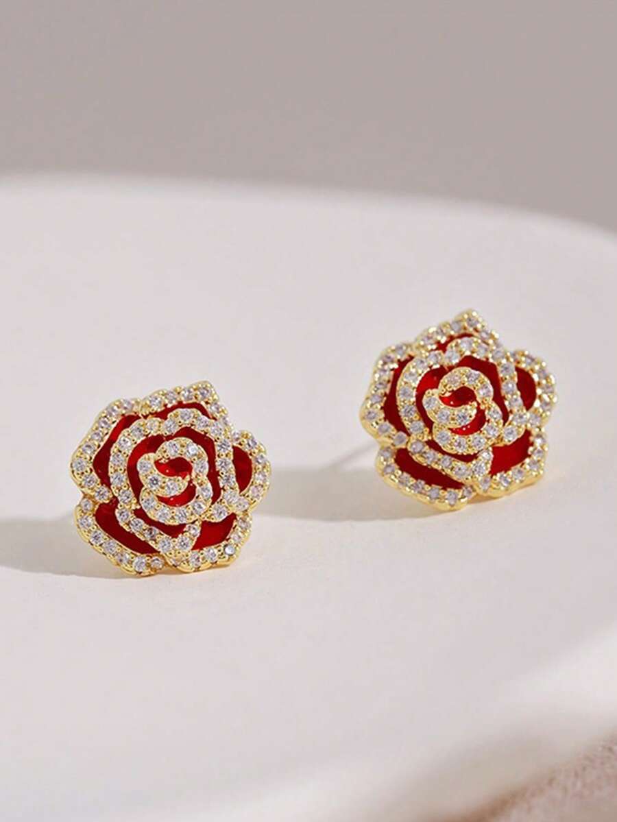 1对小众设计奢华水钻花朵耳钉（平面，非3D） - 金紅色 - 查看 1