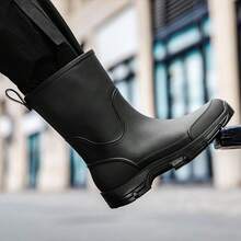 女士雨靴，条纹工装风PVC（聚氯乙烯）户外女士防水抽绳靴，四季防水靴，黑色中筒防水鞋，格子图案女士雨靴，男士户外工作防水靴，橡胶靴 - 黑色 - 查看 5