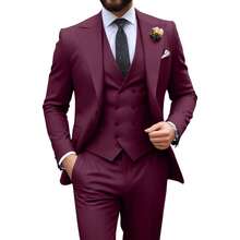 Traje slim fit para hombre de 3 piezas, traje formal de esmoquin de doble botonadura, conjunto de traje casual para boda, baile de graduación o novio - Burdeos - Ver 1