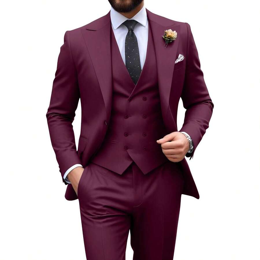 Traje slim fit para hombre de 3 piezas, traje formal de esmoquin de doble botonadura, conjunto de traje casual para boda, baile de graduación o novio - Burdeos - Ver 1