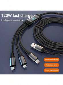 3 In 1 Intelligent Digital Display Data Cable 120W Fast Charging Suitable For  Compatible With Iphone 17/17Pro/16 / 16pro / 16pro Max / 16plus / 15 / 15pro / 15plus / 15promax, Compatible With Samsung, Mobile Phone Flash Charging 6A Data Cable With LED Screen,MFI Certified Multi-Charging 3-In-1 Cables,Perfect For Compatible With Iphone, Android Phones, And Tablets Unleash The Power With Our 120W USB Type-C Charger Cable, AC To Phone + Type C, Built To Endure And Charge Swiftly!,3-In-1 120w Fast Charging Usb Cablebold 3A Usb Fast  Type C Micro Charger Cable For Ios Compatible With Iphone Android,120W Super Fast Charging Data Cable That Combines Three Functions In One, Suitable For Compatible With Iphone, Type-C, Android Phones.Birthday Gift,Halloween Gift,Christmas Present - Black - View 2