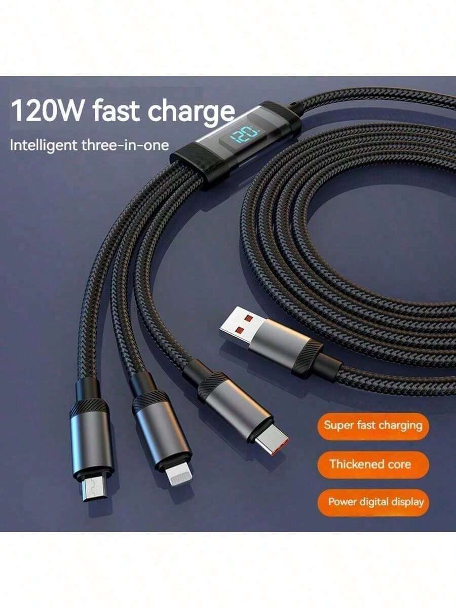 3 In 1 Intelligent Digital Display Data Cable 120W Fast Charging Suitable For  Compatible With Iphone 17/17Pro/16 / 16pro / 16pro Max / 16plus / 15 / 15pro / 15plus / 15promax, Compatible With Samsung, Mobile Phone Flash Charging 6A Data Cable With LED Screen,MFI Certified Multi-Charging 3-In-1 Cables,Perfect For Compatible With Iphone, Android Phones, And Tablets Unleash The Power With Our 120W USB Type-C Charger Cable, AC To Phone + Type C, Built To Endure And Charge Swiftly!,3-In-1 120w Fast Charging Usb Cablebold 3A Usb Fast  Type C Micro Charger Cable For Ios Compatible With Iphone Android,120W Super Fast Charging Data Cable That Combines Three Functions In One, Suitable For Compatible With Iphone, Type-C, Android Phones.Birthday Gift,Halloween Gift,Christmas Present
