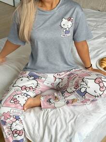 Sanrio 2pcs Hello Kitty Women Printed Short Sleeve Top + Elastic Waist Pants Cute Pajama Set