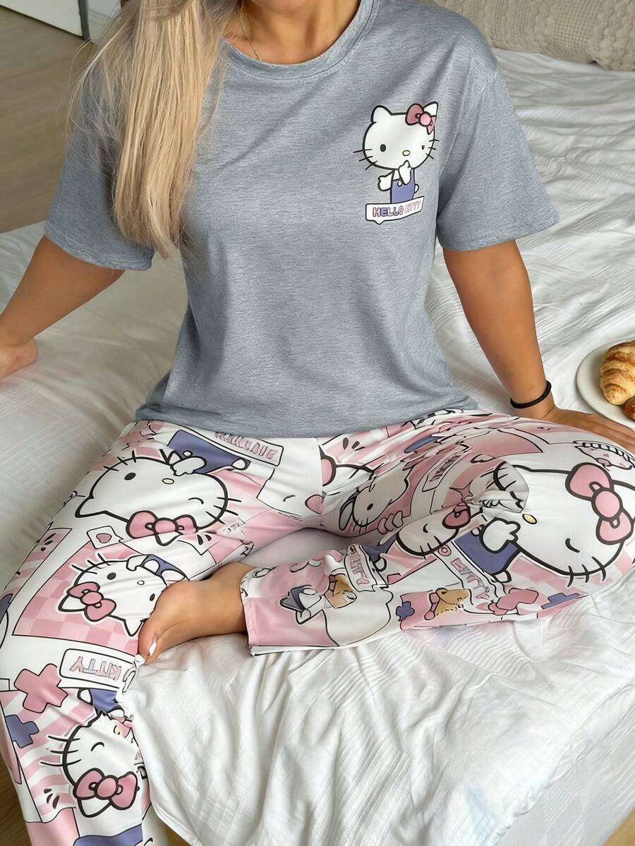 Sanrio 2pcs Hello Kitty Women Printed Short Sleeve Top + Elastic Waist Pants Cute Pajama Set