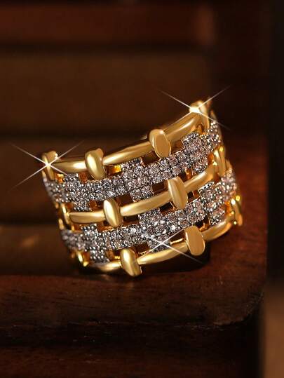 1 pieza Anillo de pareja glamoroso con tejido cruzado de dos colores para mujer, regalo de San Valentín y Navidad, joyería de cobre con circonita cúbica