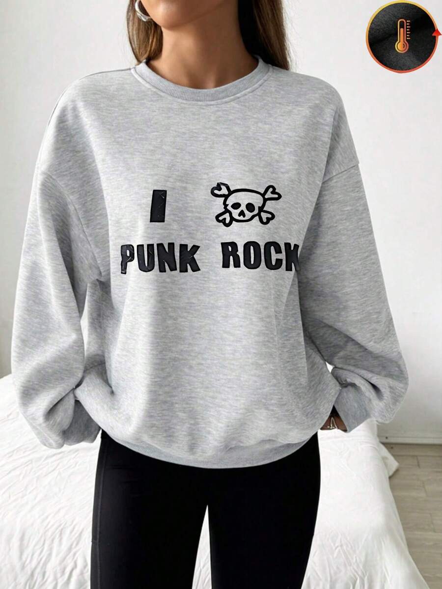 1 buc hanorac cu guler rotund pentru femei cu imprimeu de craniu punk rock, top la modă cu mânecă lungă, bluză casual lejeră, perfectă pentru iubitorii de muzică și stilul stradal! - Gri deschis - Vizualizare 1