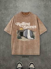 The Stone Was Rolled Away Unisex Christian Washed Shirt, Christian Scripture T-Shirt, Vintage Retro Washed Shirt Single-Sided Printed (230 Heavyweight Pure Cotton T-Shirt)  High Quality Christian T-Shirt, Christian Gifts, Men's And Women's Shirts, Comfortable, Fashion Christian Shirt, Street Style Pure Cotton Fall Shirt - 咖啡棕 - 查看 1