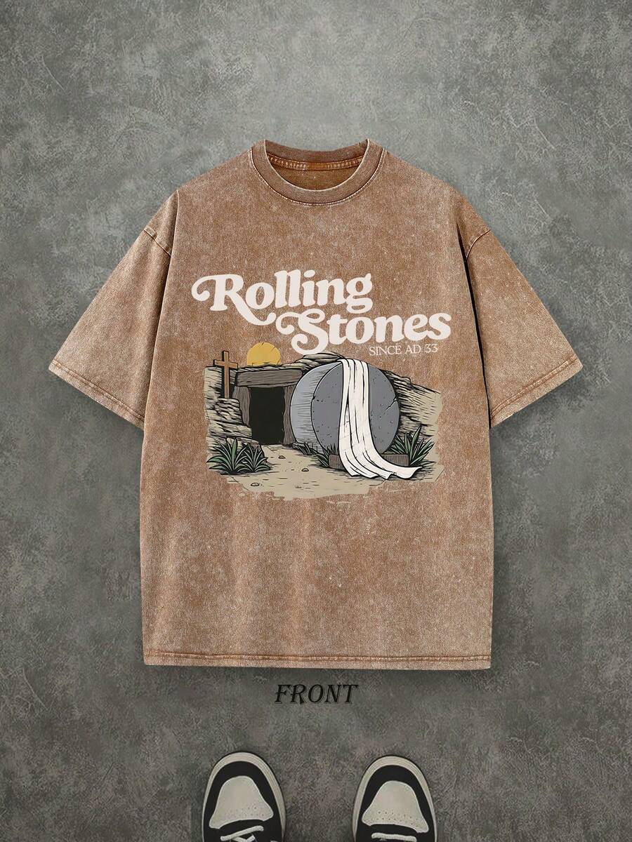 The Stone Was Rolled Away Unisex Christian Washed Shirt, Christian Scripture T-Shirt, Vintage Retro Washed Shirt Single-Sided Printed (230 Heavyweight Pure Cotton T-Shirt)  High Quality Christian T-Shirt, Christian Gifts, Men's And Women's Shirts, Comfortable, Fashion Christian Shirt, Street Style Pure Cotton Fall Shirt - 咖啡棕 - 查看 1